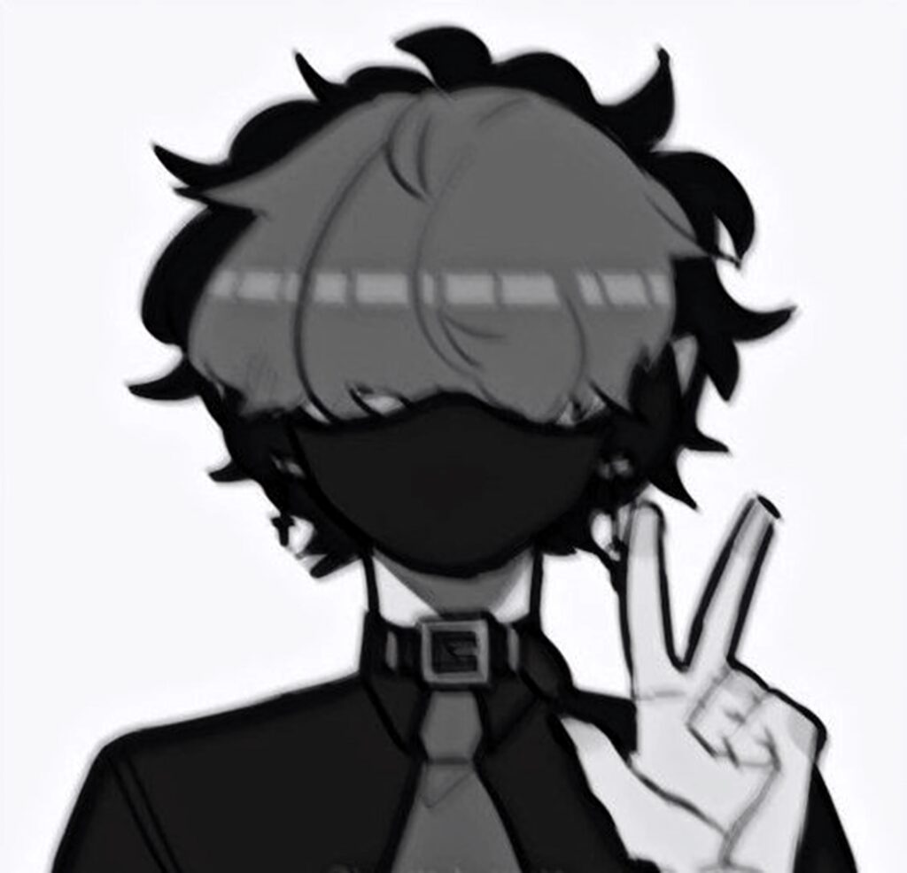 Emo anime character with messy dark hair face mask peace sign grayscale moody minimalist wallpaper