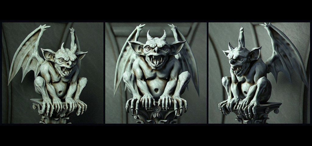 Stone gargoyle triptych showing fierce horned creature on ornate pedestal in dark gothic style Wallpaper