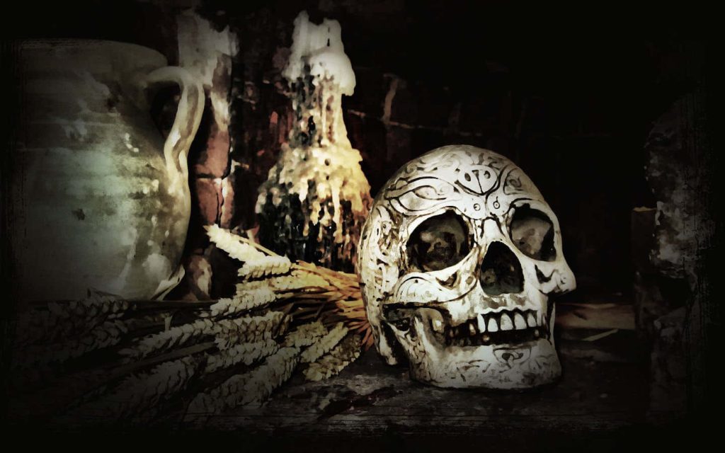 Moody Gothic wallpaper with engraved skull dripping wax candle rustic pitcher dried wheat background