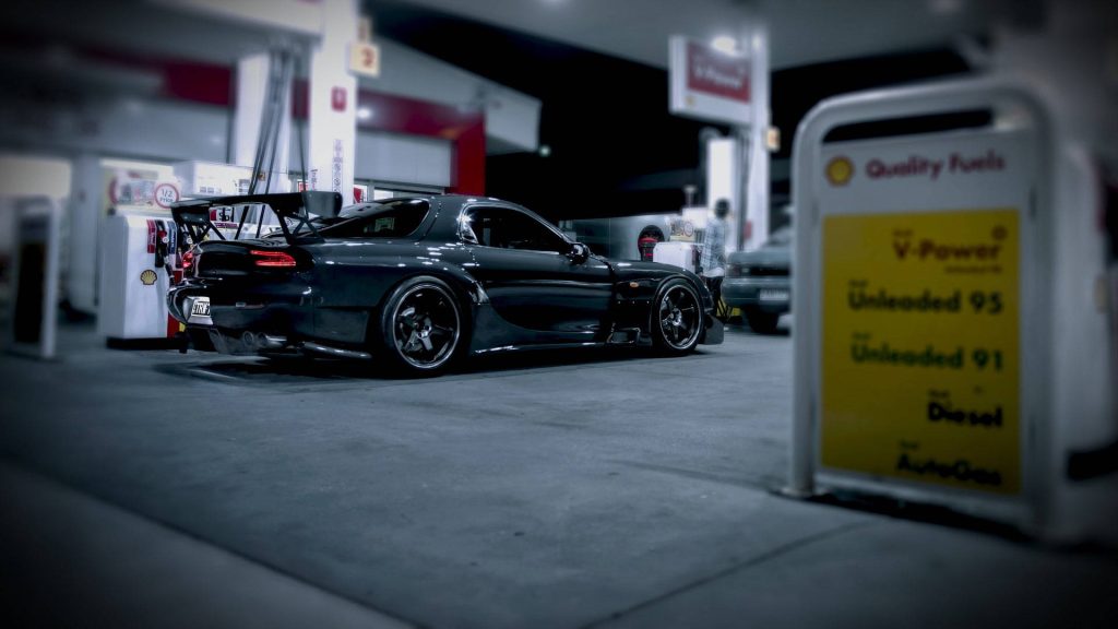Modified Mazda RX7 FD at night gas station moody JDM tuner car high contrast wallpaper background