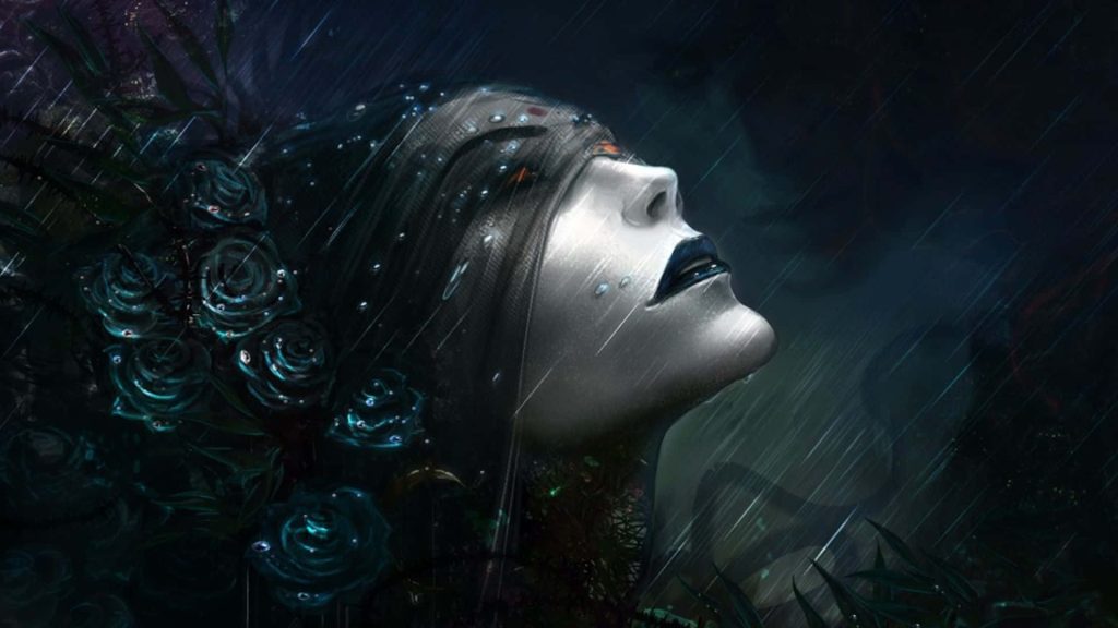 Moody modern gothic digital art of blindfolded ethereal woman with dark blue roses in rain Wallpaper