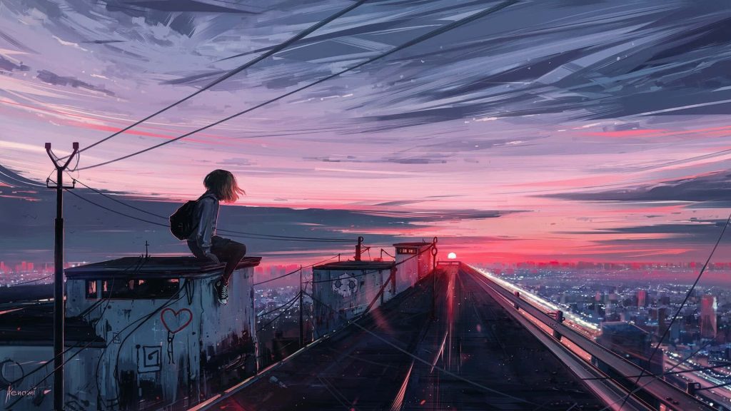 Girl with backpack on rooftop overlooking vibrant city sunset pink purple sky lo-fi wallpaper