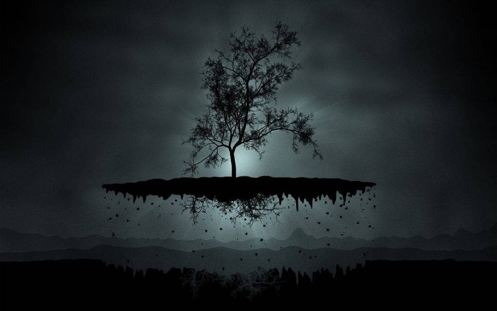Moody digital art of a solitary leafless tree on a surreal floating island with dark roots Wallpaper