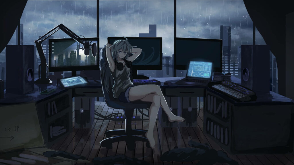 Moody Tech Workspace Wallpaper: Stormy Cityscape & Focused Vibe