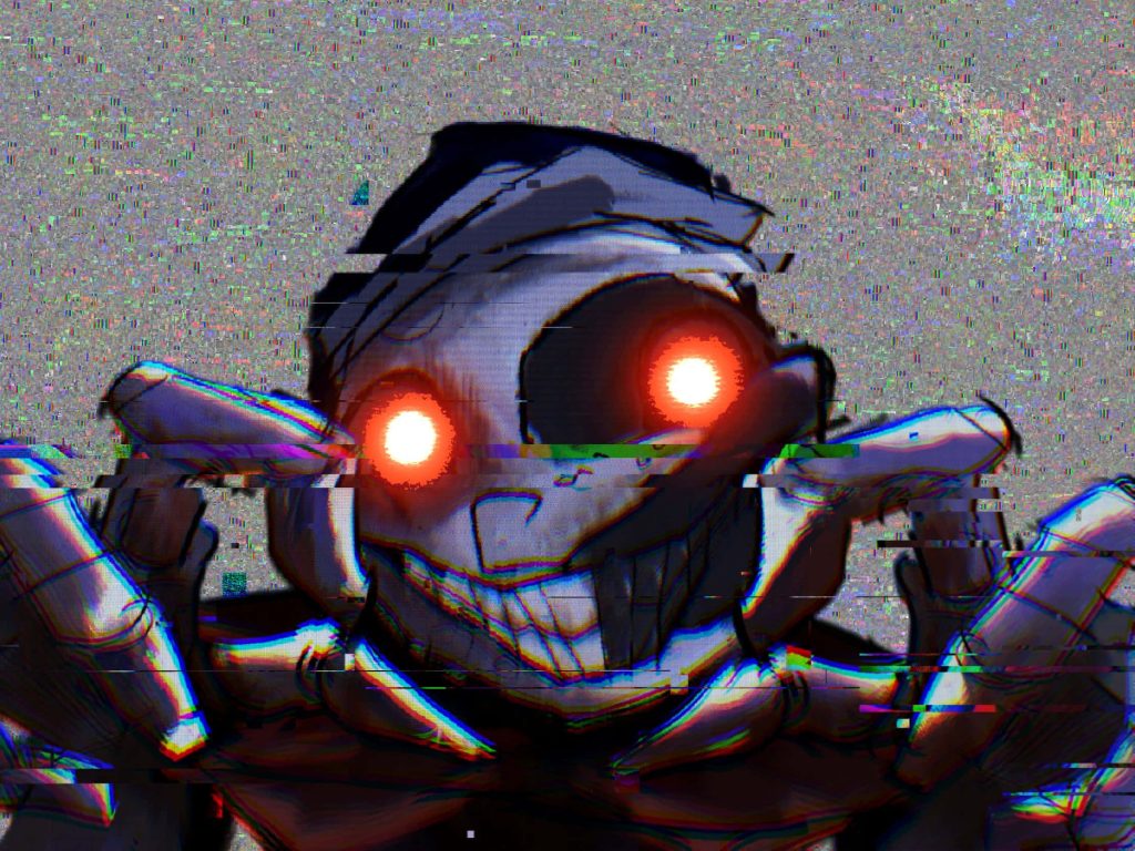 Moon animatronic from Five Nights at Freddy's with glitch effects red eyes digital horror wallpaper