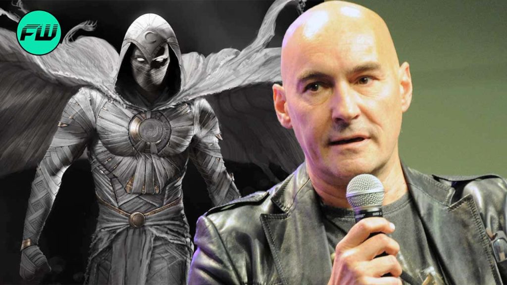 Moon Knight in white armored suit beside comic writer Grant Morrison digital wallpaper background