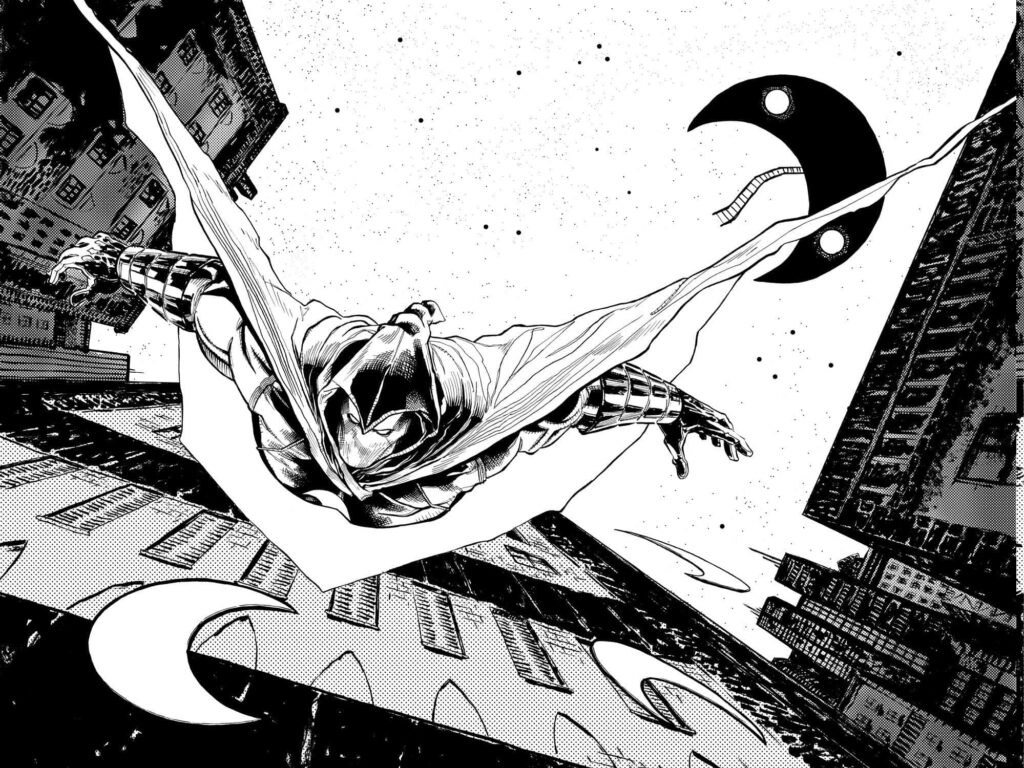 Moon Knight Soaring: Black & White Cityscape Wallpaper Design