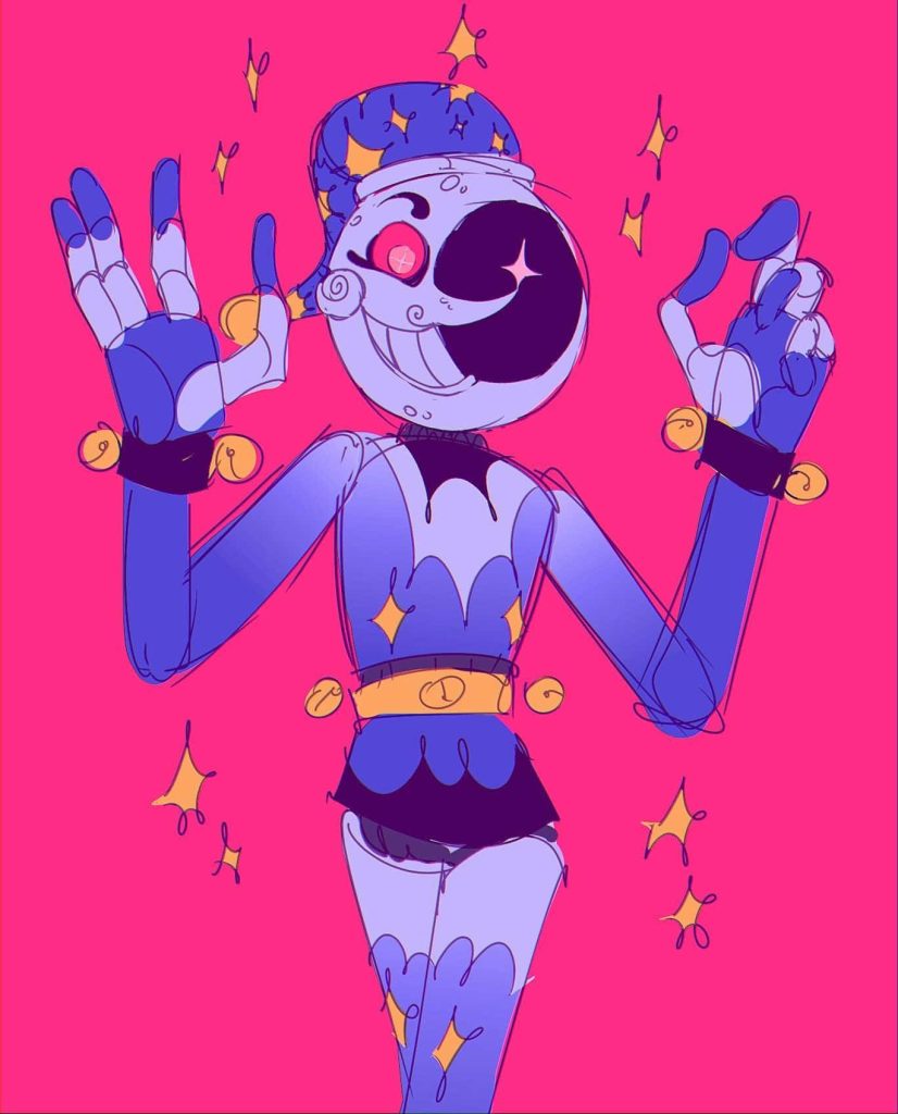 Vibrant digital wallpaper of Moondrop animatronic from Five Nights at Freddy's with stars bells
