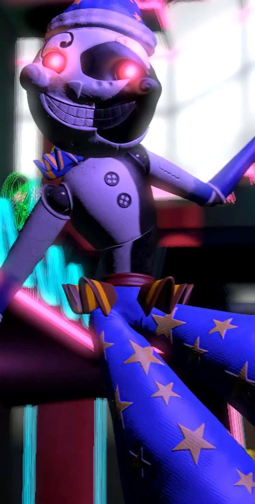 Moondrop from Five Nights at Freddy's Security Breach with glowing red eyes neon background Wallpaper