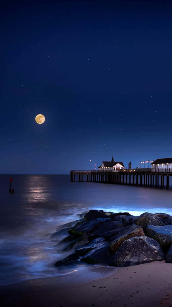 Moonlit Night Beach Scene: Tranquil Waves & Illuminated Rocks Wallpaper