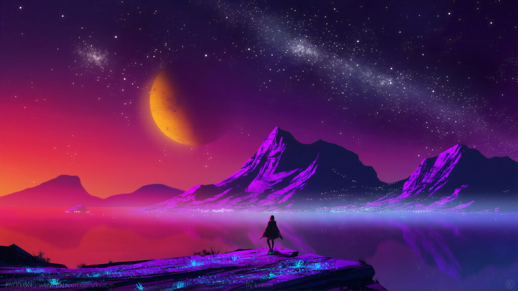 Retro Dreamscape: A Fantasy World Under a Starry Night Sky Wallpaper