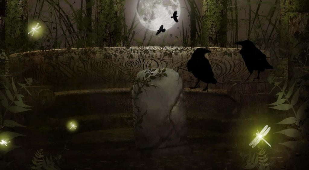 Moonlit gothic graveyard with silhouetted crows glowing insects and vine-wrapped tombstone wallpaper