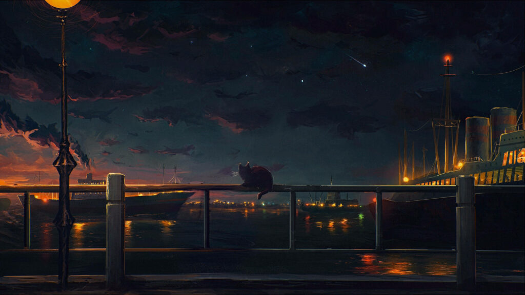 Mystical Moonlit Metropolis: An Anime Cityscape Bathed in Evening Glow Wallpaper