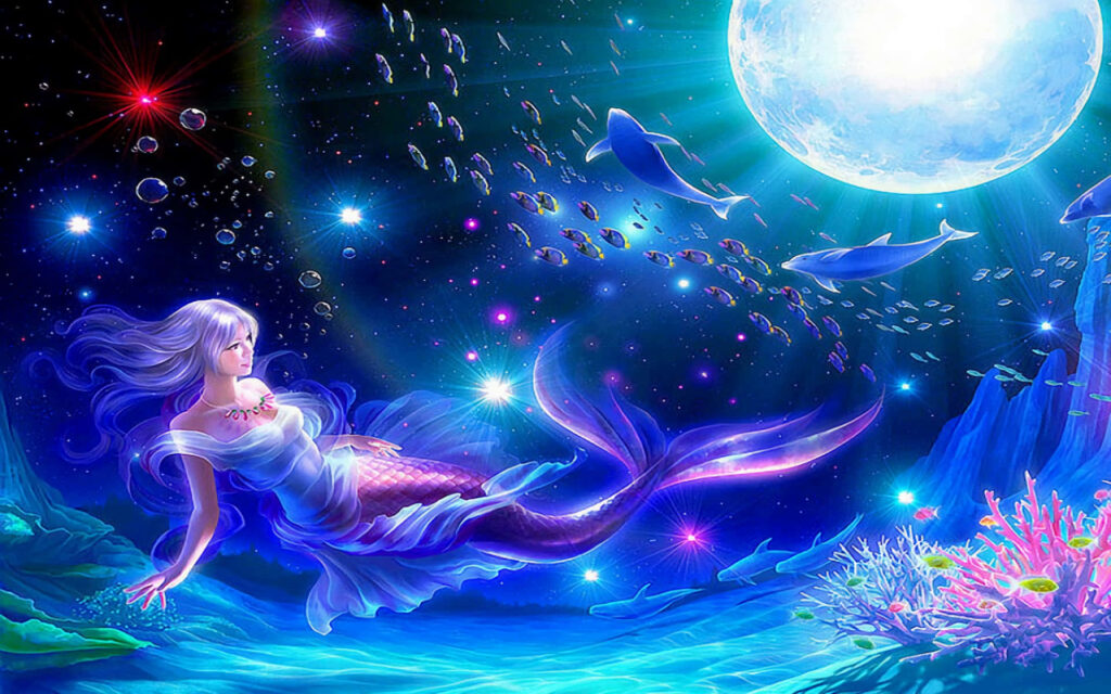 Moonlit Mermaid Magic: A Mesmerizing Digital Art of a Mermaid and Her Sea Companions Swimming Under a Starry Night Sky Wallpaper