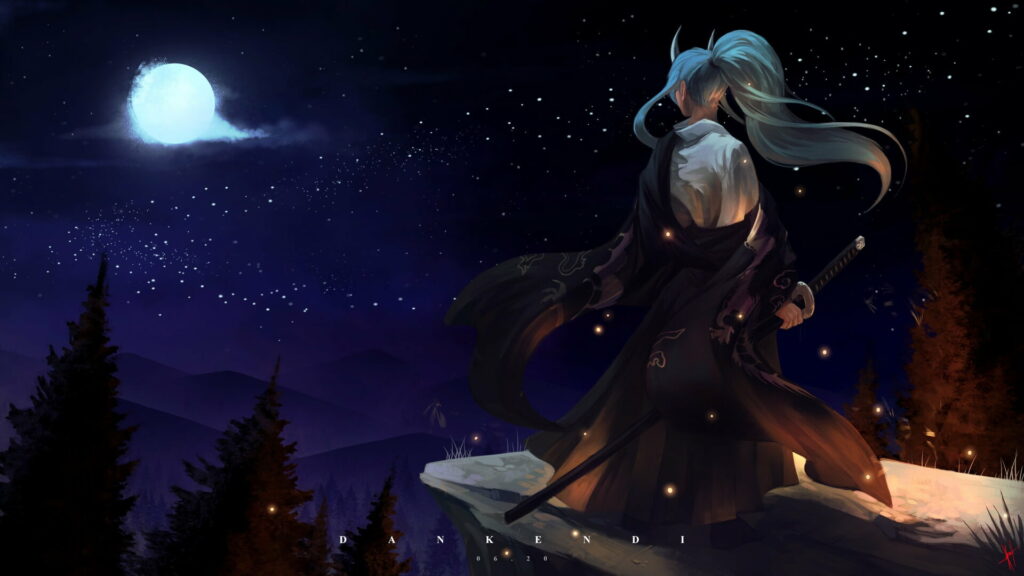 Dusk's Dream: Enigmatic Moonlit Samurai - HD Wallpaper of a Mysterious Woman Warrior with Brilliant Blue Hair