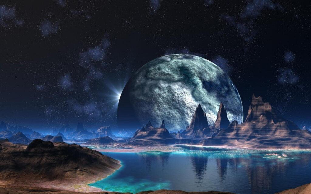 Mountains Under a Galactic Sky: A QHD Wallpaper Background with Moon, Planets, and Lake