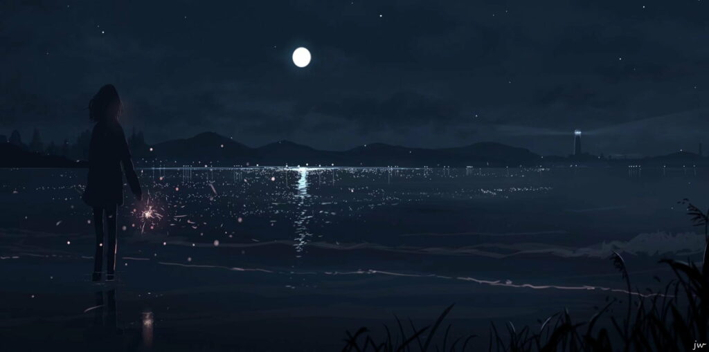 Midnight Mélange: Enchanting Anime Girl Amidst Moonlit Ambience Wallpaper