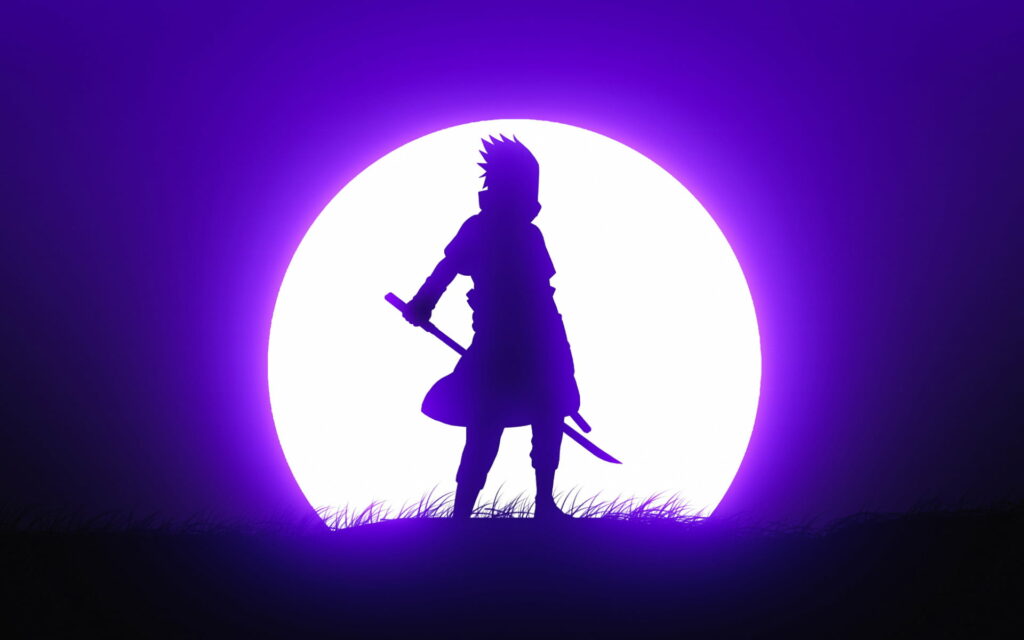 Naruto's Shadow: Minimalistic Silhouette of Sasuke Uchiha under the Moon in HD Wallpaper