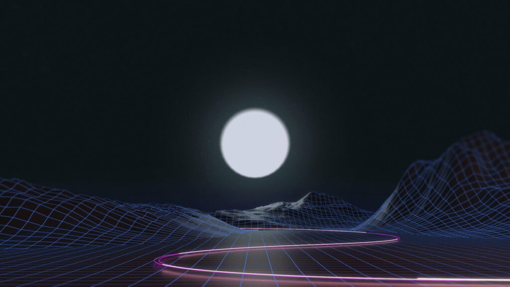 Vaporwave Wireframe and Synthwave Retrowave - Full Moon Illustrated in HD Wallpaper