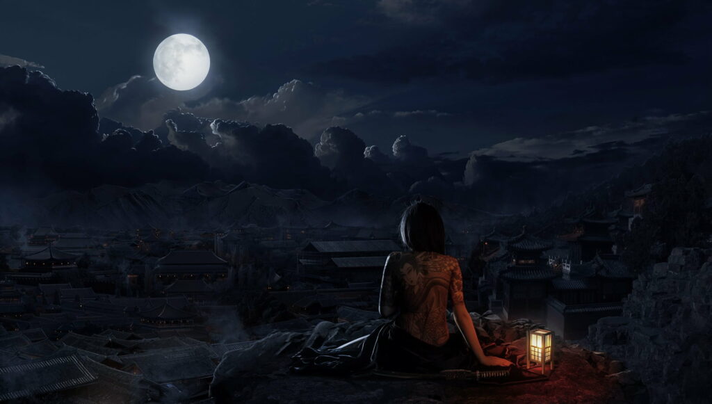 Moonlit Village Nightscape: HD Digital Wallpaper of Woman Sitting Before the Moon