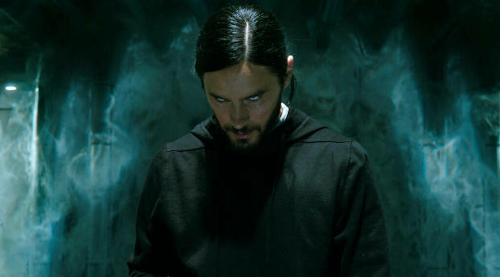 Morbius fierce intense pose in dark eerie environment dramatic powerful wallpaper background