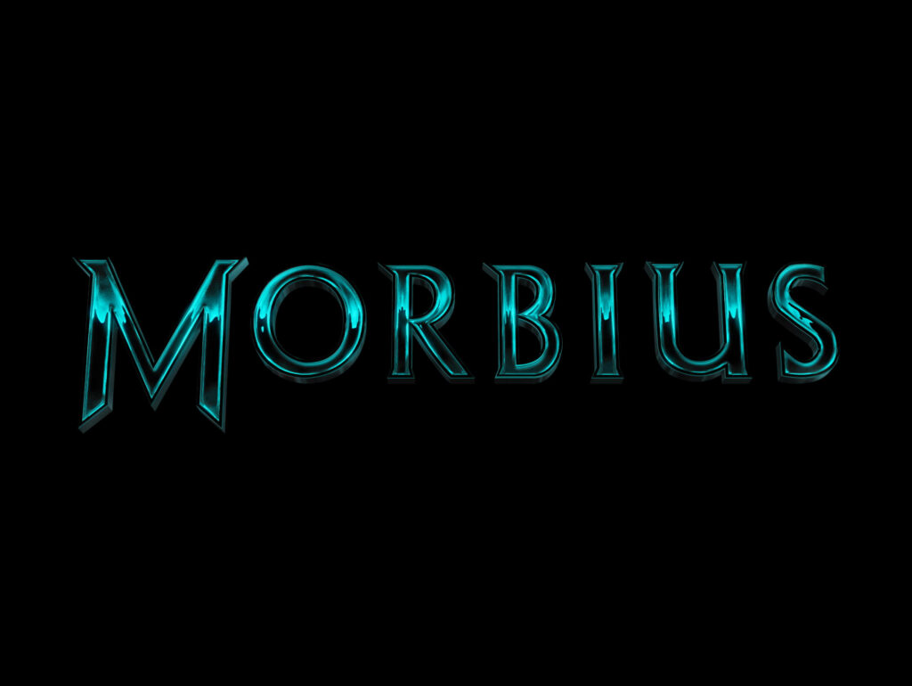 Glowing blue Morbius title logo on black background dramatic movie poster wallpaper design
