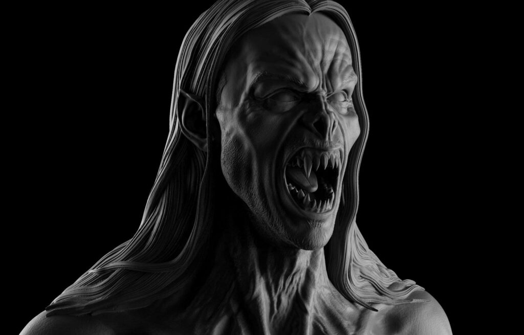 Striking marble statue of Morbius with fierce expression sharp fangs dark detailed background Wallpaper