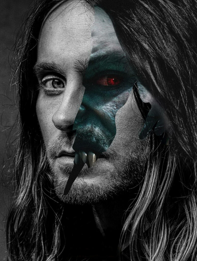 Morbius monochrome split-face wallpaper blending human and vampiric sides dramatic design