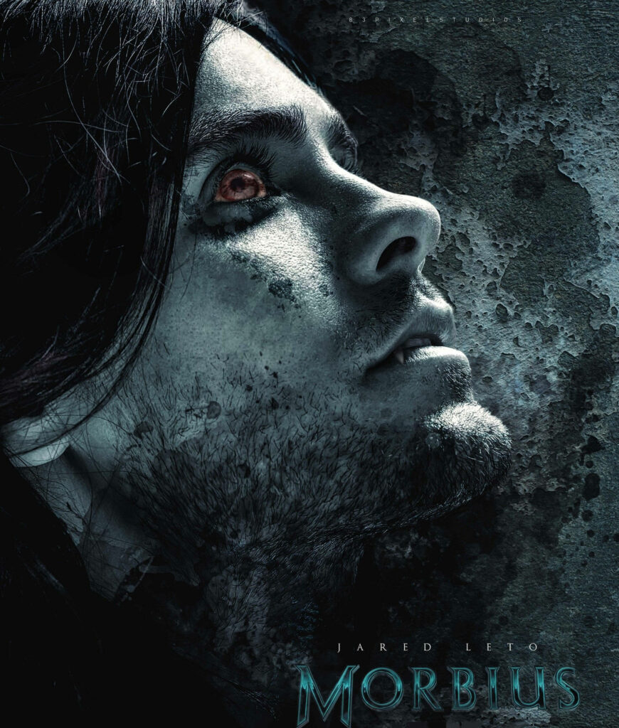 Morbius movie poster wallpaper Jared Leto close-up glowing red eyes dark mysterious background