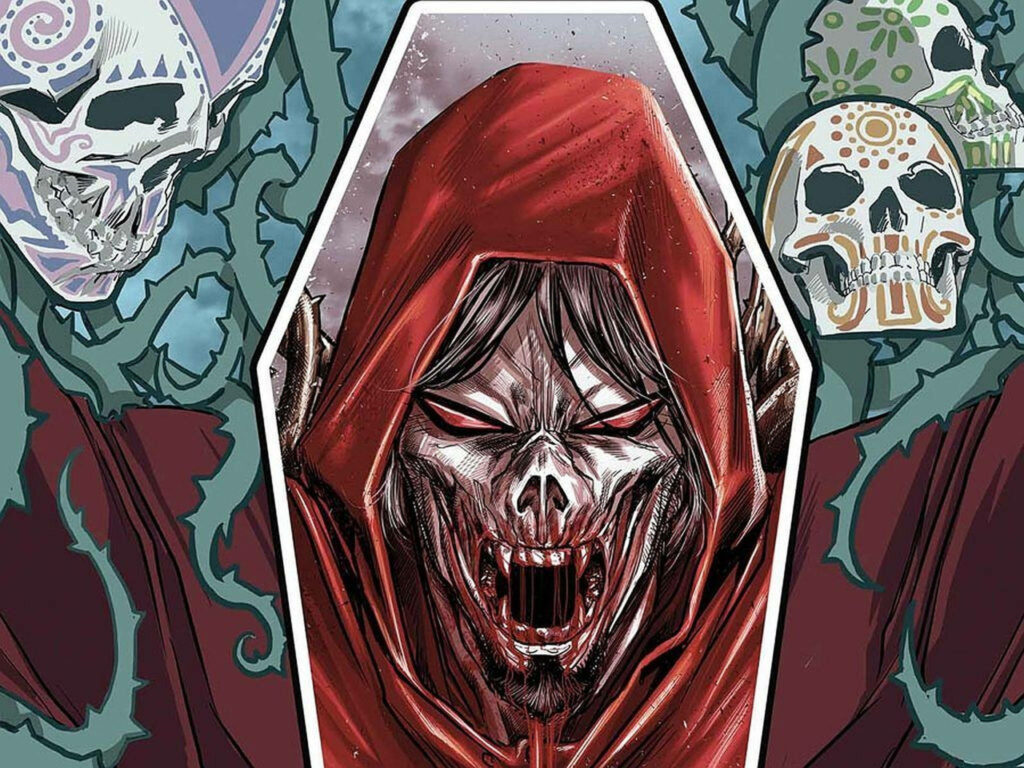 Morbius with bloody mouth red hood menacing look surrounded by colorful skulls comic wallpaper