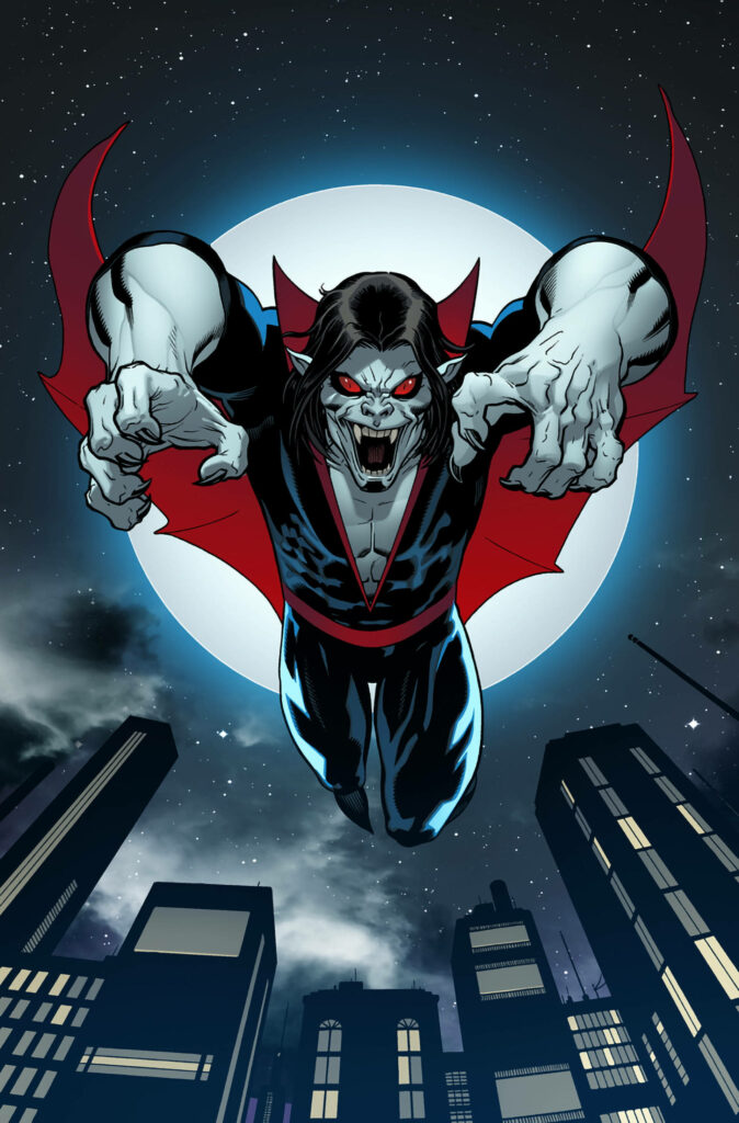 Morbius vampire soaring over cityscape at night with red eyes full moon vector art wallpaper
