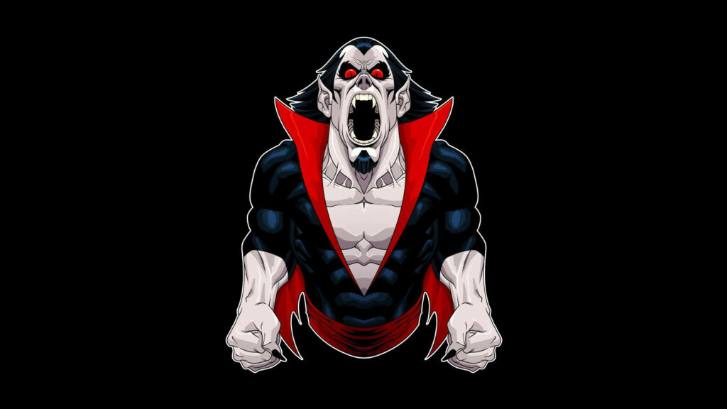 Morbius wallpaper powerful fierce pose glowing red eyes snarling on black background image