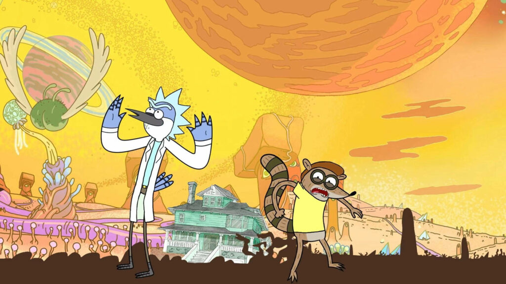 An Unforgettable Fusion: Mordecai and Rigby Embrace their Inner Rick and Morty Wallpaper