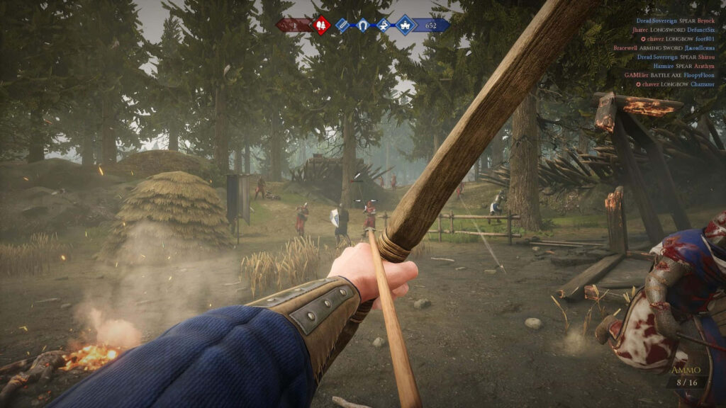 Immersive first-person view of a player in Mordhau, ready to attack in a medieval forest battlefield Wallpaper