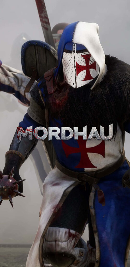 Medieval Crusader Warrior in White and Blue Armor Ready for Combat Wallpaper