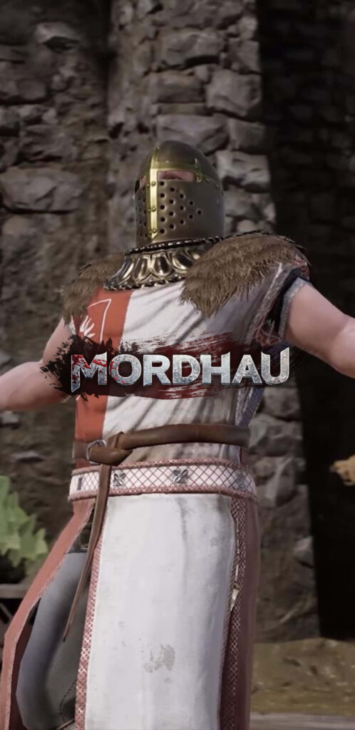 Detailed medieval knight character from Mordhau game with logo overlay Wallpaper