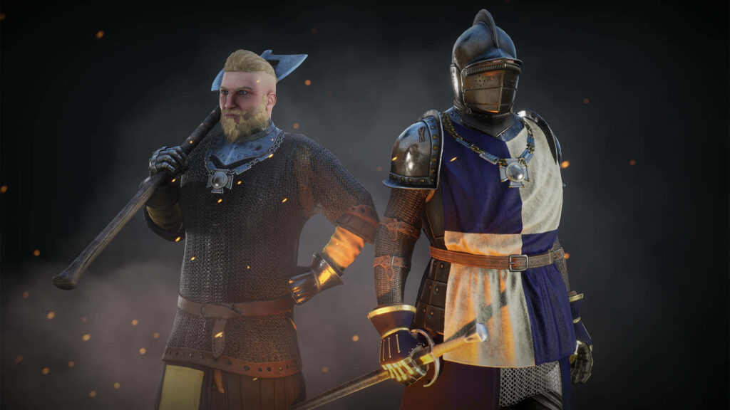 Two Mordhau mercenaries in detailed medieval armor with weapons and dramatic ember lighting Wallpaper