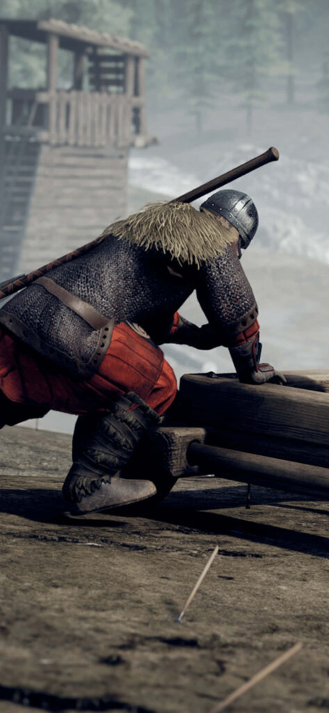 Medieval warrior in chainmail armor crouches behind log in Mordhau game battle Wallpaper