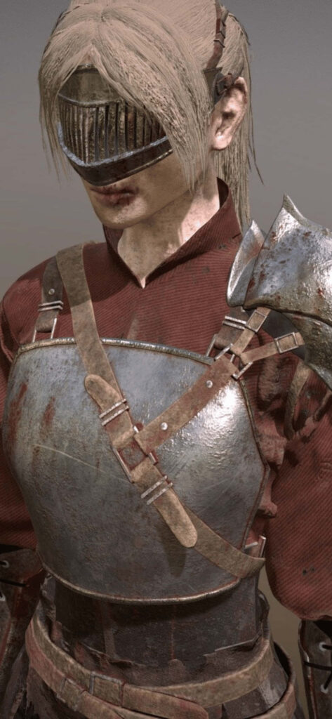 Medieval female warrior character in detailed armor from Mordhau game, showcasing gritty realism and battle-worn aesthetic Wallpaper