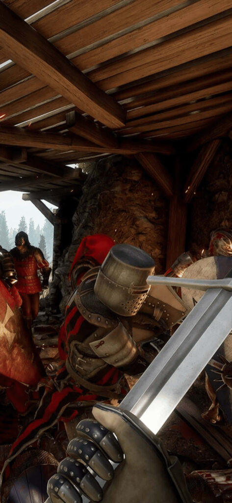 Clashing Mordhau Warriors Duel in a Rustic Wooden Battleground: Epic Background Photo for the Ultimate Mordhau Enthusiast Wallpaper