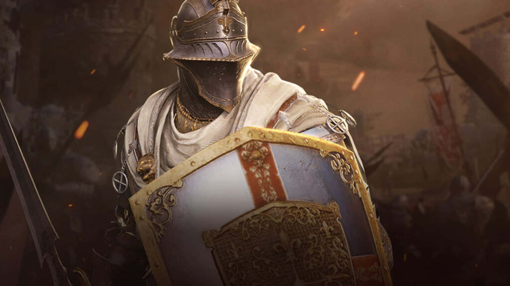 Medieval Knight in Battle Armor with Shield and Cross Emblem - Mordhau Game Wallpaper Scene