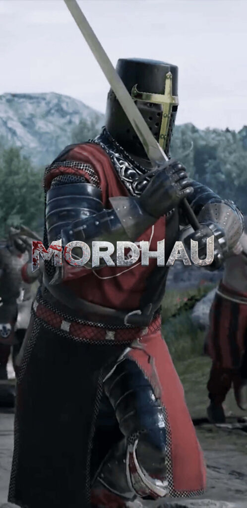 Mordhau knight in full armor ready for battle with game logo backdrop Wallpaper