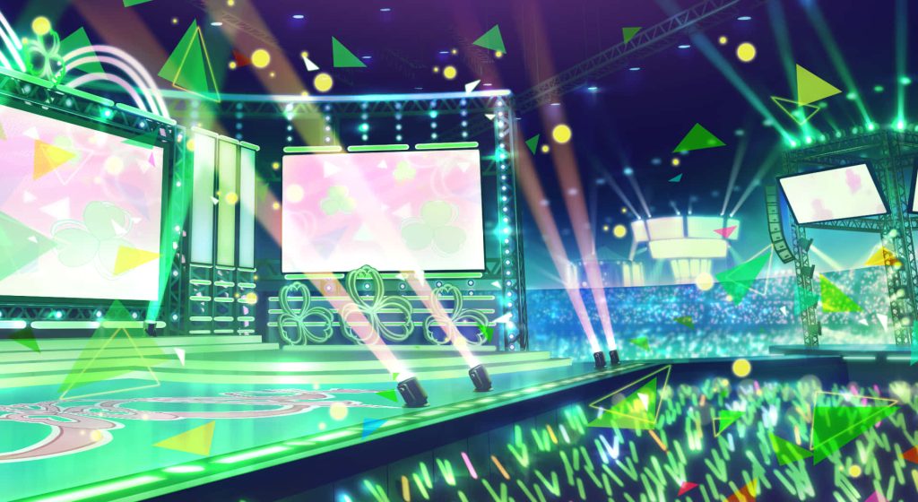 MORE MORE JUMP concert stage digital anime vibrant neon lights clover motifs LED screens audience Wallpaper