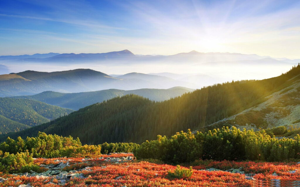 Majestic Mountains Enveloped in Morning Mist: Captivating HD Wallpaper