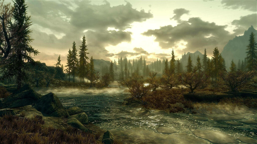 “Serene Morrowind Wallpaper: Misty Landscape & Tranquil Waters”