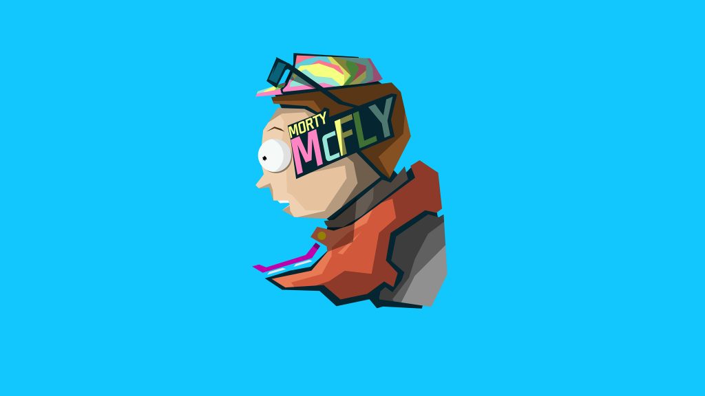 Morty Smith as Marty McFly low poly 4K wallpaper vibrant orange vest blue background