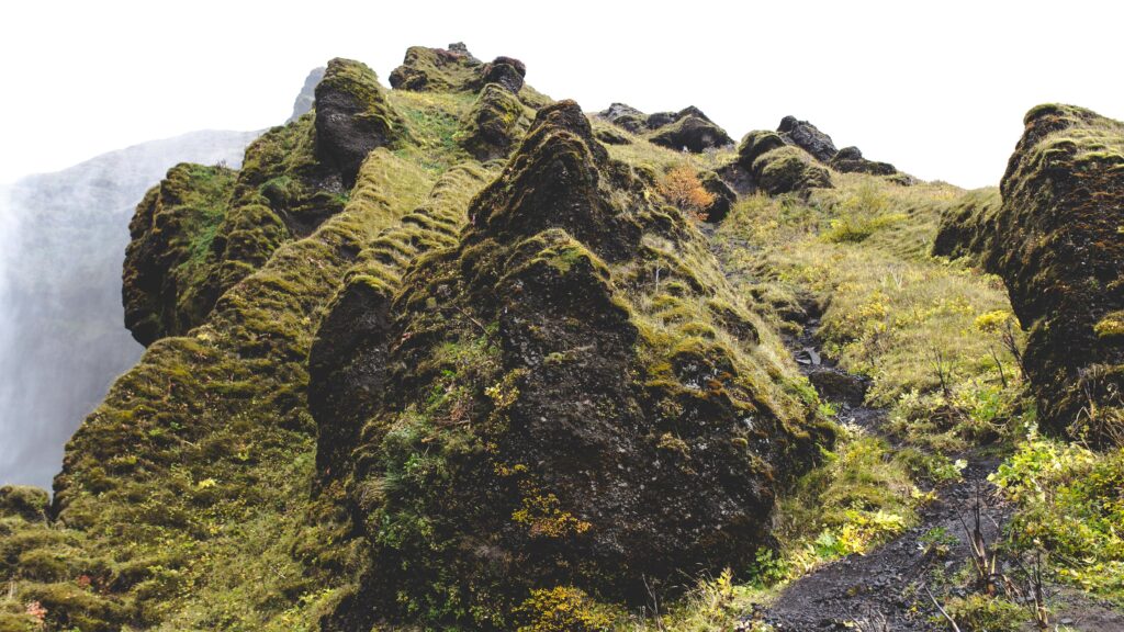 Rugged mountain rocks covered in green moss and grass with misty atmospheric wilderness background Wallpaper