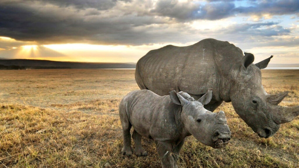 Mother and Baby Rhinoceros on Savanna: Serene Sunlit Wallpaper