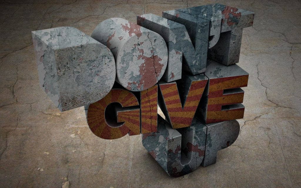 3D wallpaper with bold DON’T GIVE UP text on cracked concrete and retro red yellow stripes background