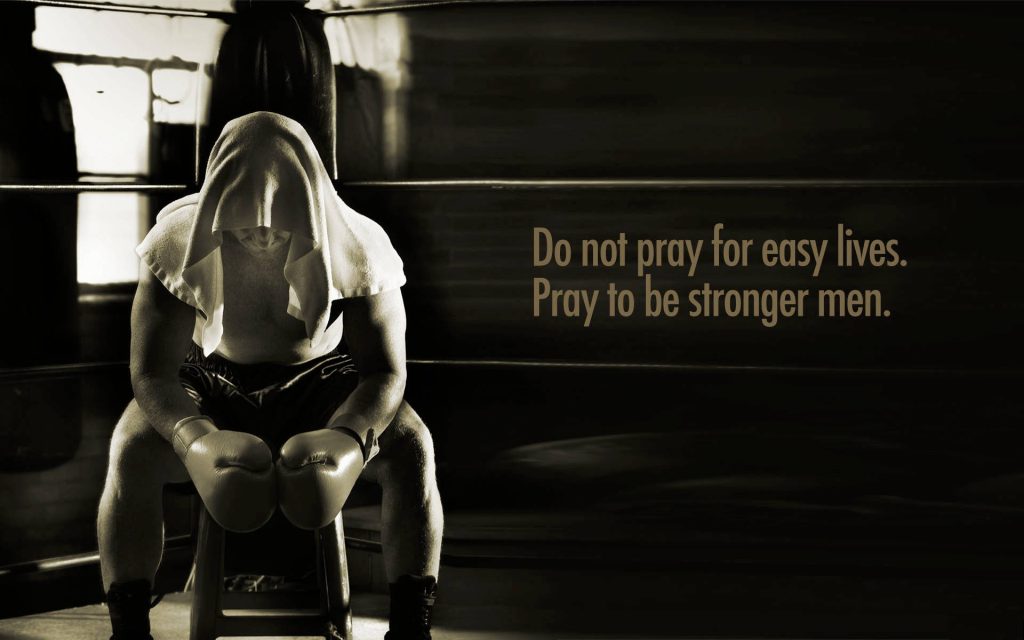 Motivational fitness wallpaper boxer resting sepia ring with towel and strong resilience quote